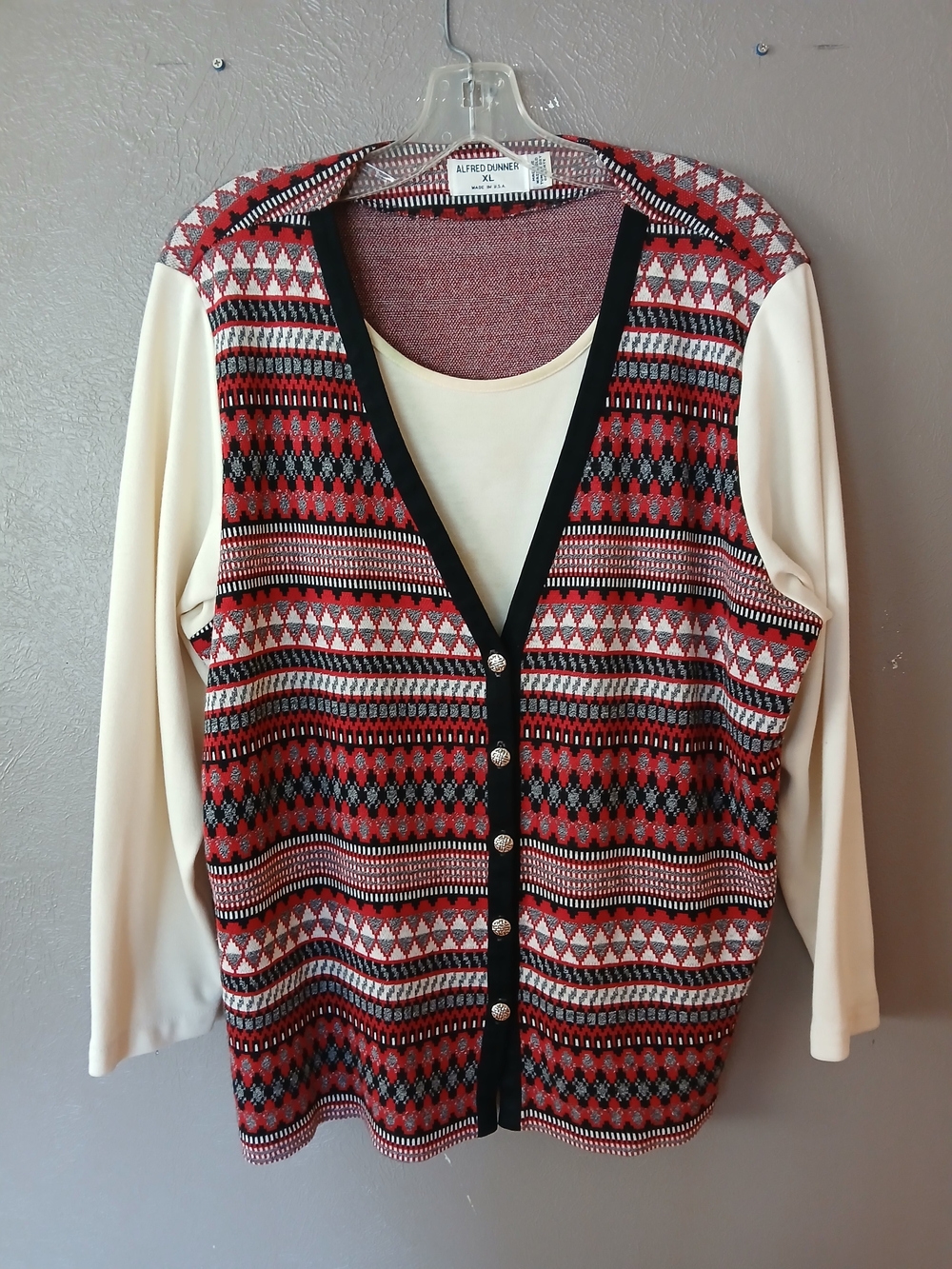 Alfred Dunner Red Patterned V-Neck Sweater Cardigan XL
